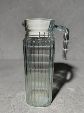 Vintage ARC France Ribbed Clear Glass Refrigerator Pitcher 1.5L Juice Handle